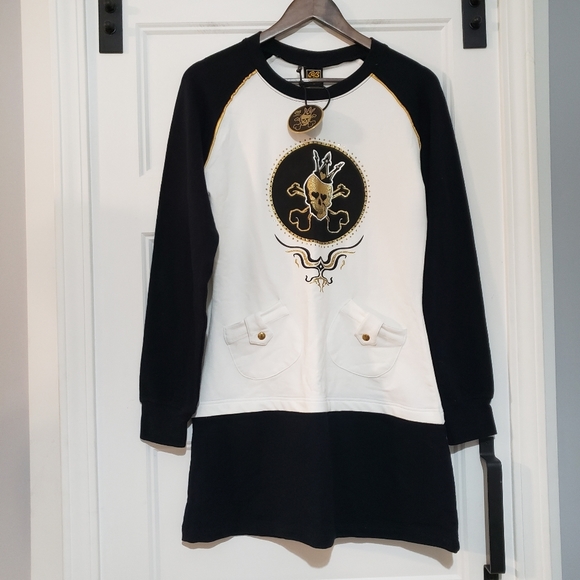 Raw Blue Womens L Skull Drop Waist Mini Dress Raglan Sleeve Black White Gold - Picture 1 of 13